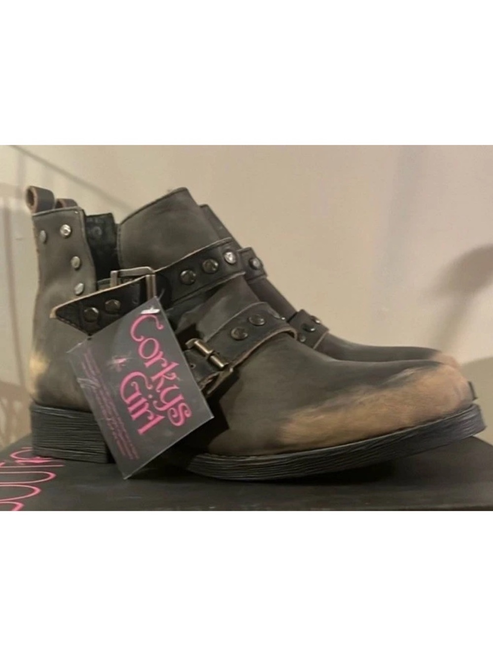 Corkys Distressed Black Ankle Boots with Studded Straps Genuine Leather Size 8